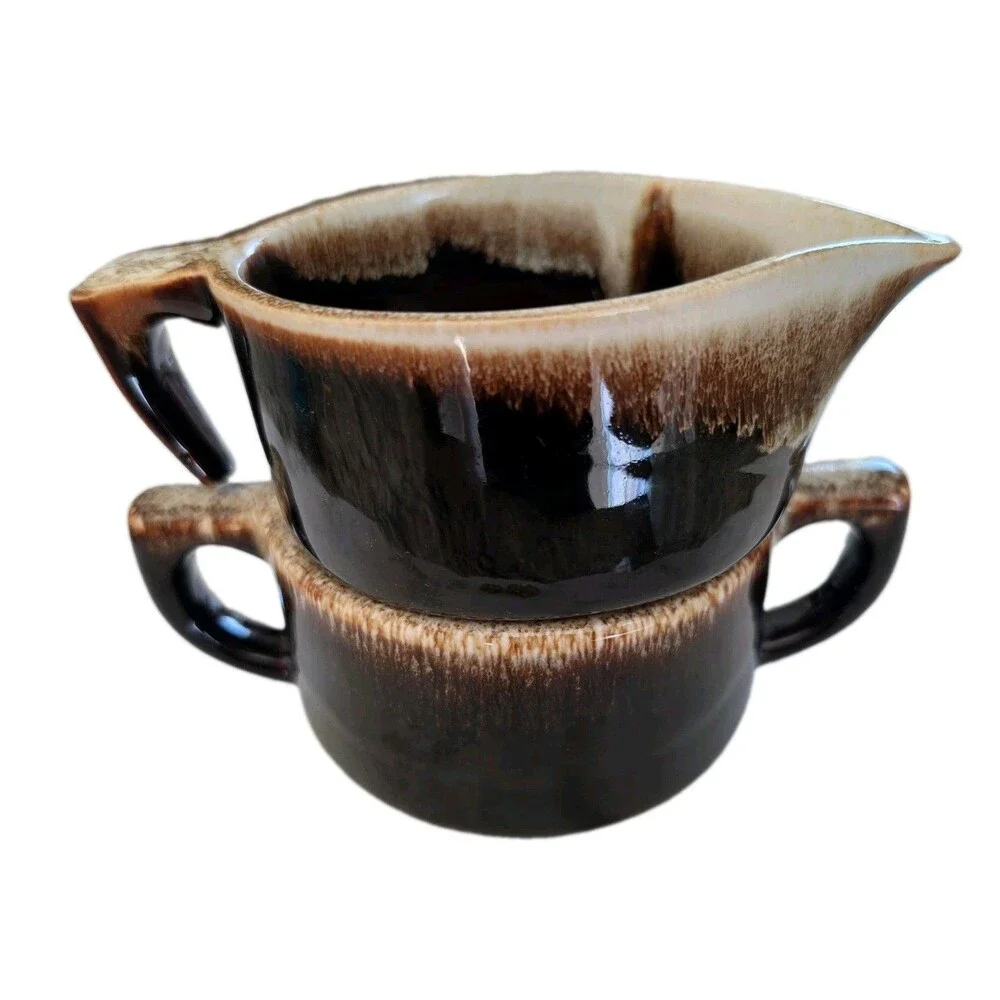 Vintage Pfaltzgraff Gourmet Brown Drip Stoneware Creamer & Sugar Bowl 22 24 USA